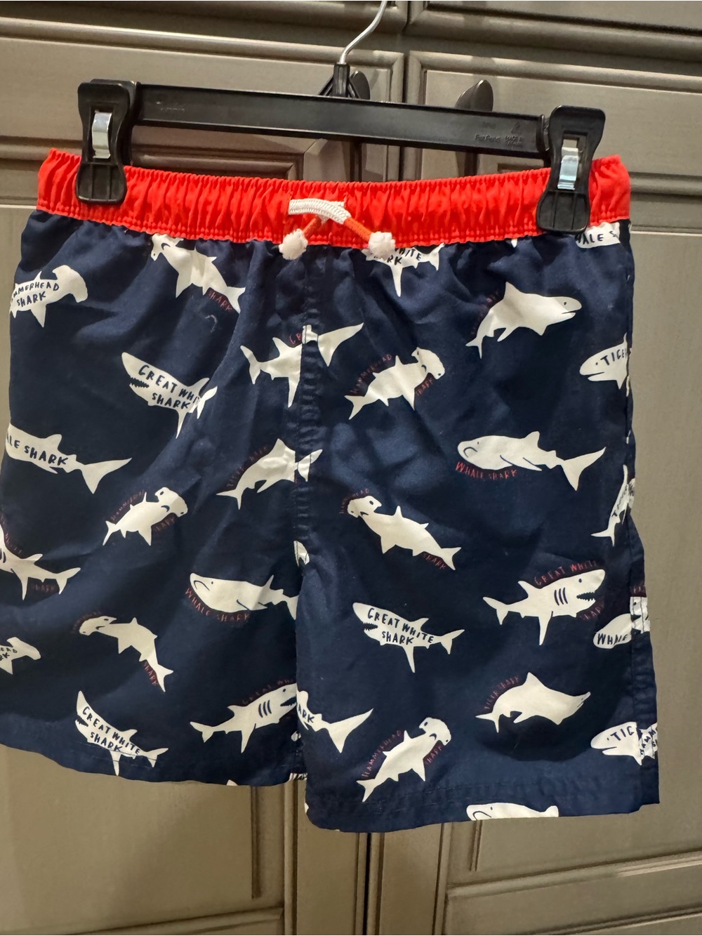 Mini Boden Navy Shark Swim Trunks with Red Waistband